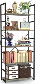 NUMENN 5 Tier Bookshelf, Tall Bookcase Shelf Storage Organizer, Modern Book Shelf for Bedroom, Living Room and Home Office, Grey