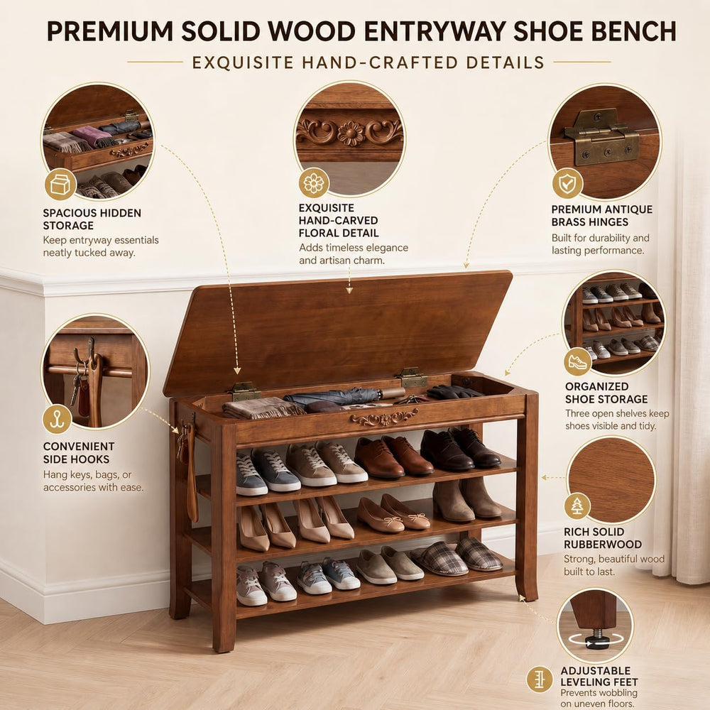 Shoe Rack Bench with Lift-Top Storage,3-Tier Shoe Storage Bench with Wooden S...