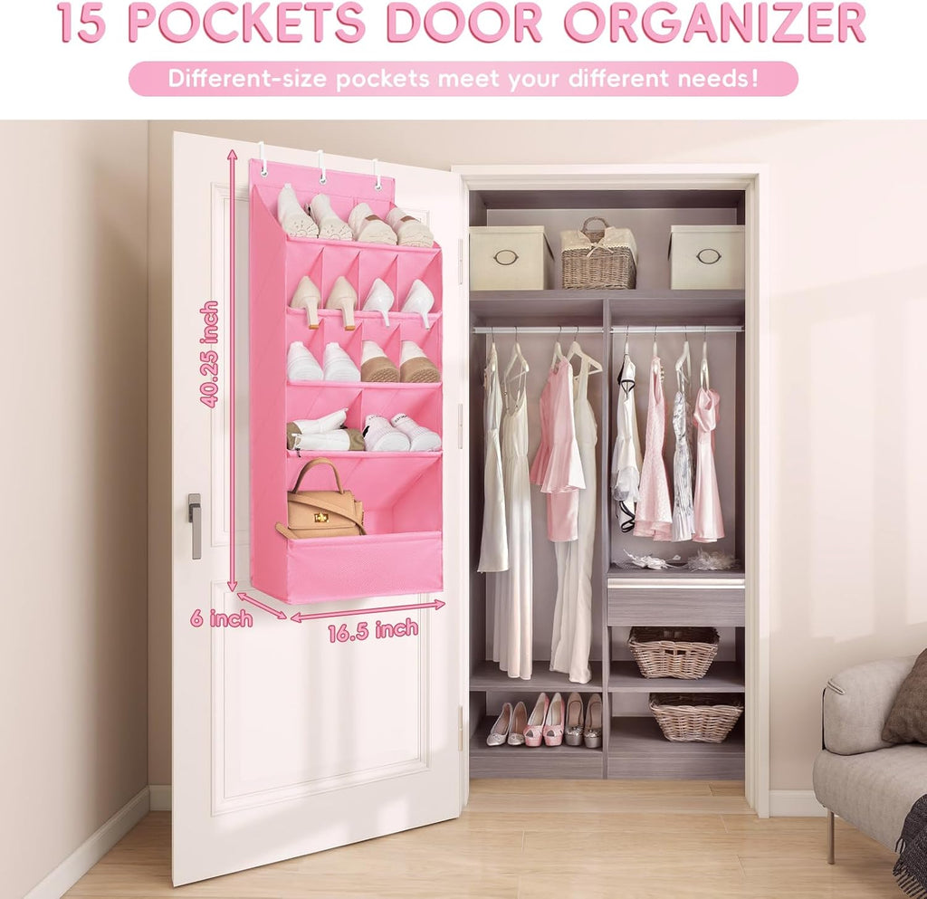 FENTEC 1 Pack Over-the-Door-Shoe-Organizers, Hanging Shoe Organizers with Large Pocket Shoe Holder Hanging Shoe Rack for Closet Shoes Organizer for Wall, Over Door Organizer with 15 Pockets Pink
