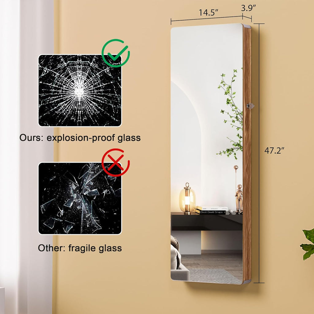 HNEBC LED Mirror Jewelry Cabinet,47.2" Wall Mounted Jewelry Organizer with Full-Length Mirror,Over The Door Hanging Jewelry Armoire Storage Cabinet,Folding Dresser,2 Drawers,Lockable, 3 Shelves(Wood)