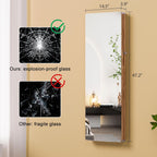 HNEBC LED Mirror Jewelry Cabinet,47.2" Wall Mounted Jewelry Organizer with Full-Length Mirror,Over The Door Hanging Jewelry Armoire Storage Cabinet,Folding Dresser,2 Drawers,Lockable, 3 Shelves(Wood)