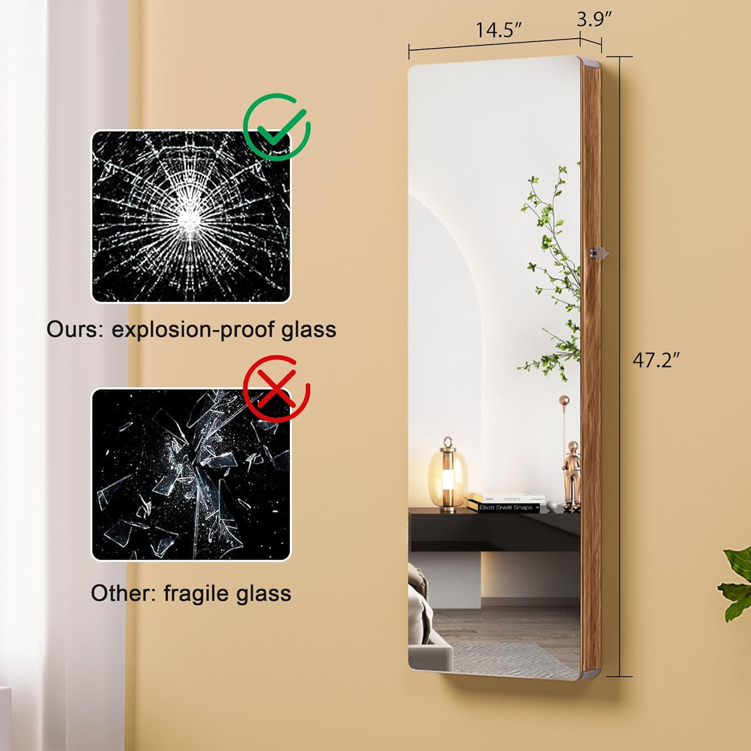 HNEBC LED Mirror Jewelry Cabinet,47.2" Wall Mounted Jewelry Organizer with Full-Length Mirror,Over The Door Hanging Jewelry Armoire Storage Cabinet,Folding Dresser,2 Drawers,Lockable, 3 Shelves(Wood)