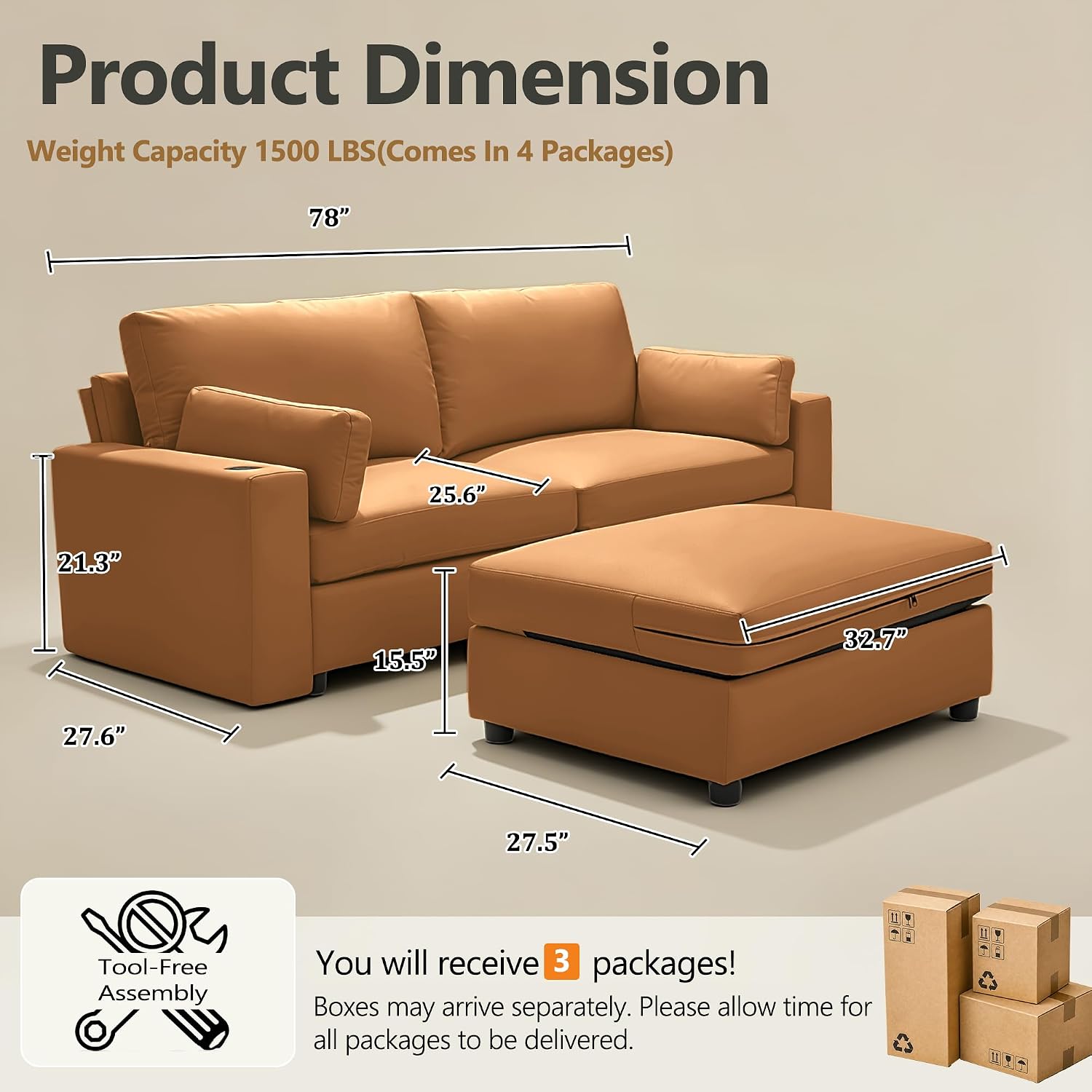 Leather Sectional Sofa, 78" Oversized Loveseat Couch with Storage, Deep Seat Scratch Resistant Faux Leather, Wide Vegan Leather Sofa, (Brown, Loveseat + Ottoman)