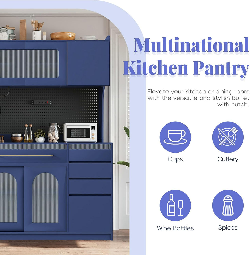 SOFTSEA Tall Kitchen Pantry with Hutch and 6 Drawers, Large Coffee Bar Storag...