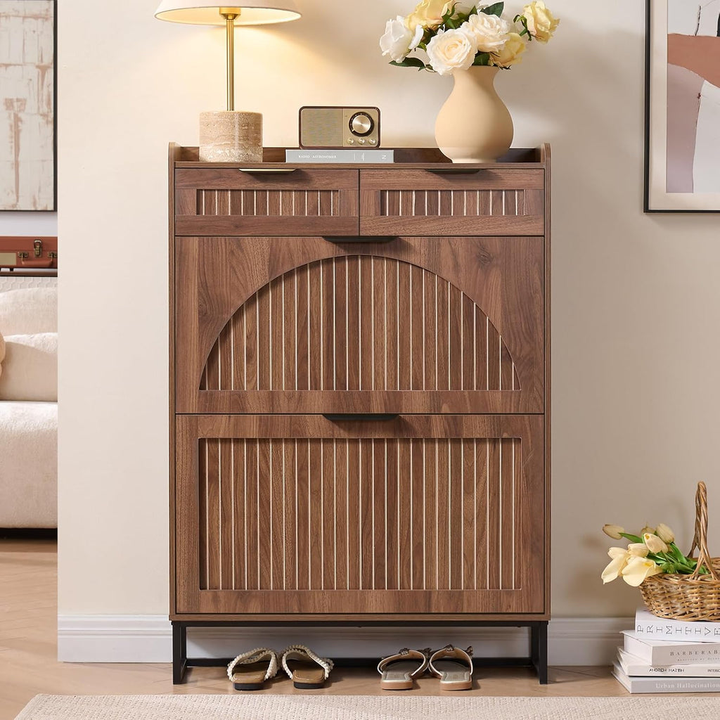 Fluted Shoe Cabinet Storage for Entryway – Narrow Shoe Rack with 2 Flip Drawers & 2 Storage Drawers, Freestanding Hidden Shoe Organizer for Foyer, Hallway (Walnut)