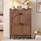 Fluted Shoe Cabinet Storage for Entryway – Narrow Shoe Rack with 2 Flip Drawers & 2 Storage Drawers, Freestanding Hidden Shoe Organizer for Foyer, Hallway (Walnut)