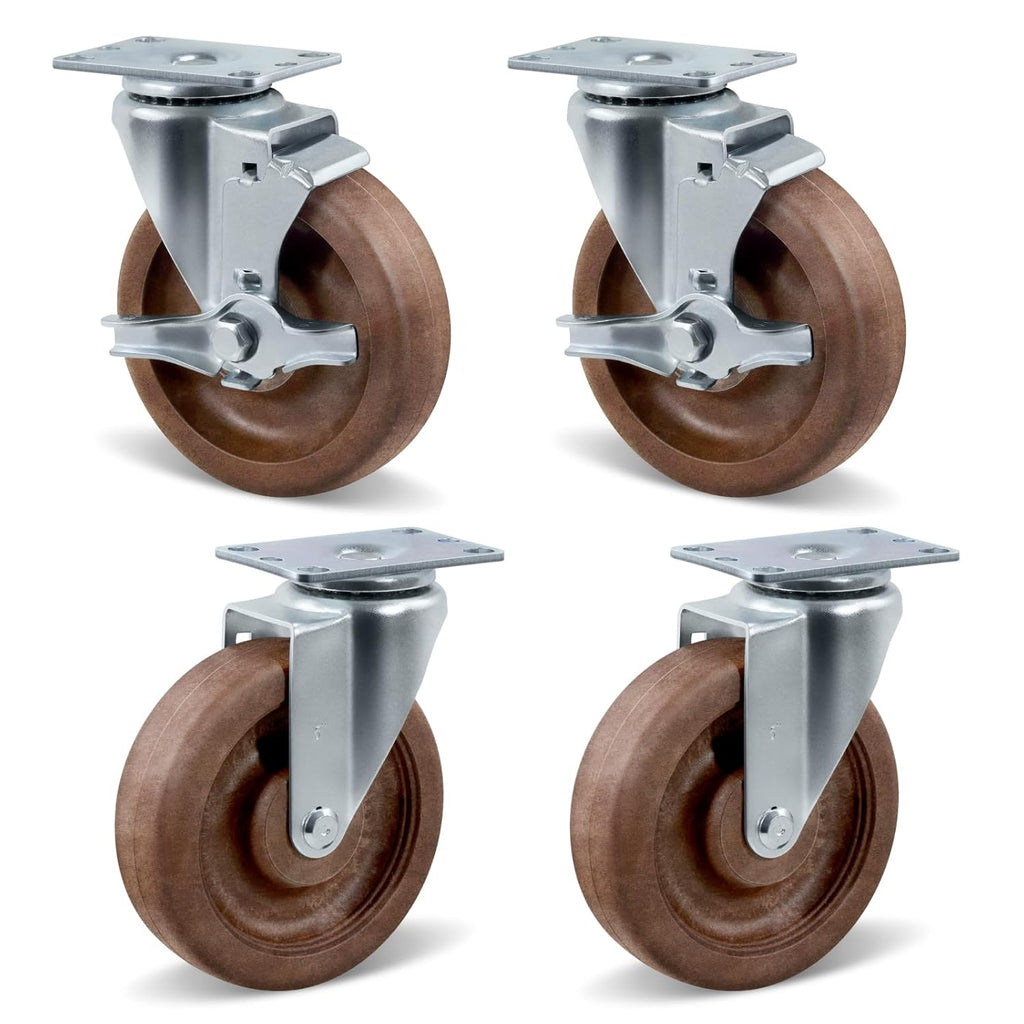 5" Hi-Temp Glass FiIled Nylon Casters, Heavy Duty Casters Set of 4, Industrial Caster Wheels for Commercial Kitchen, Bakery - 2800 lbs Capacity(2 Swivel & 2 Brake)