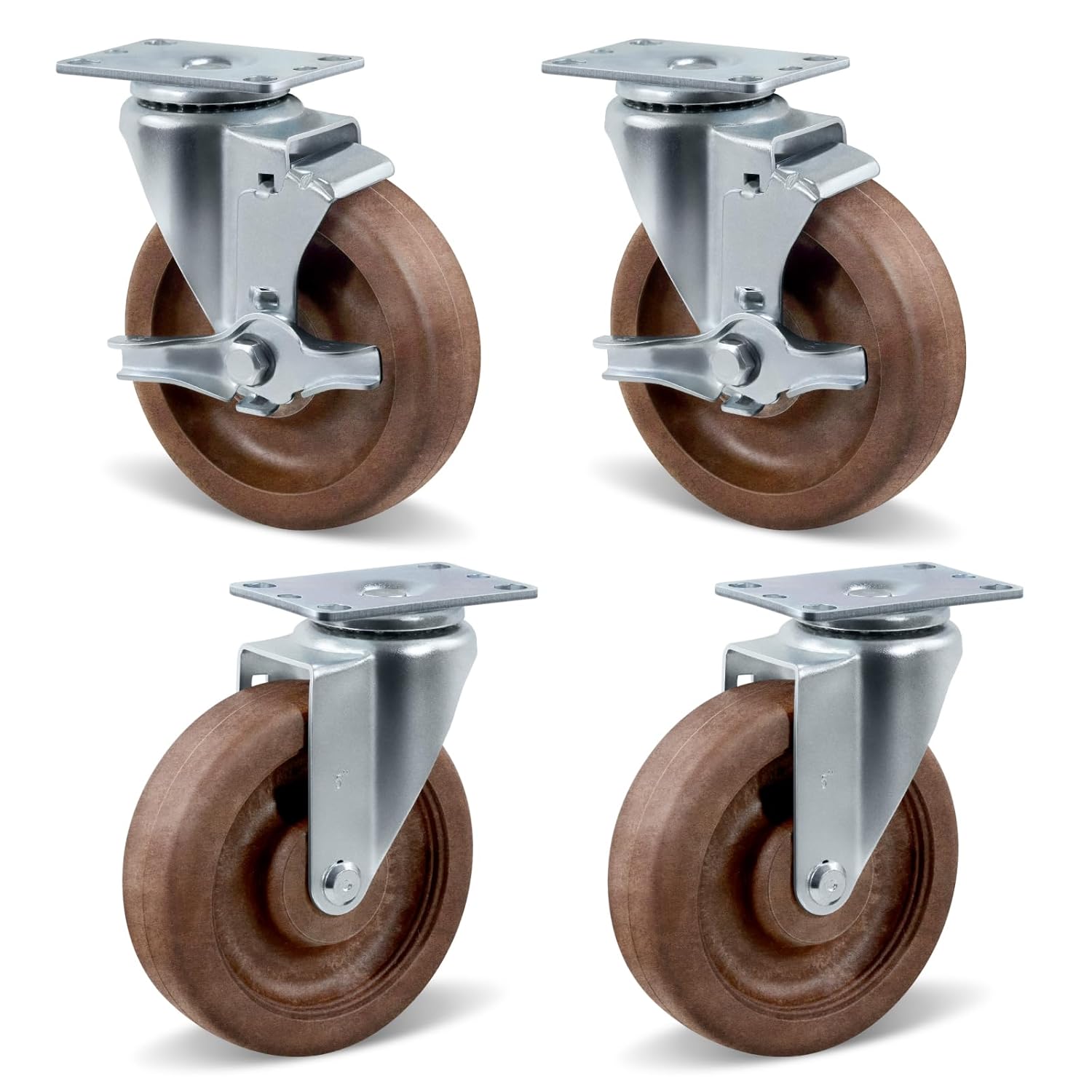 5" Hi-Temp Glass FiIled Nylon Casters, Heavy Duty Casters Set of 4, Industrial Caster Wheels for Commercial Kitchen, Bakery - 2800 lbs Capacity(2 Swivel & 2 Brake)