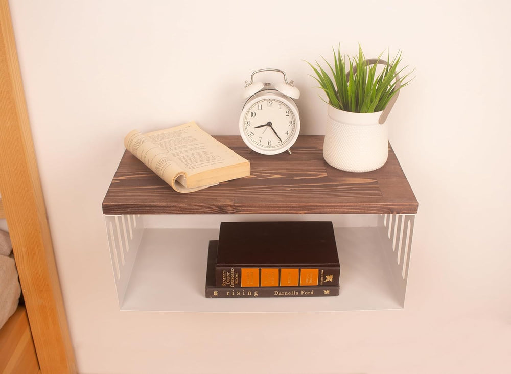 Floating Nightstand with White Metal Base, Wooden Top and Sturdy Metal Base, ...