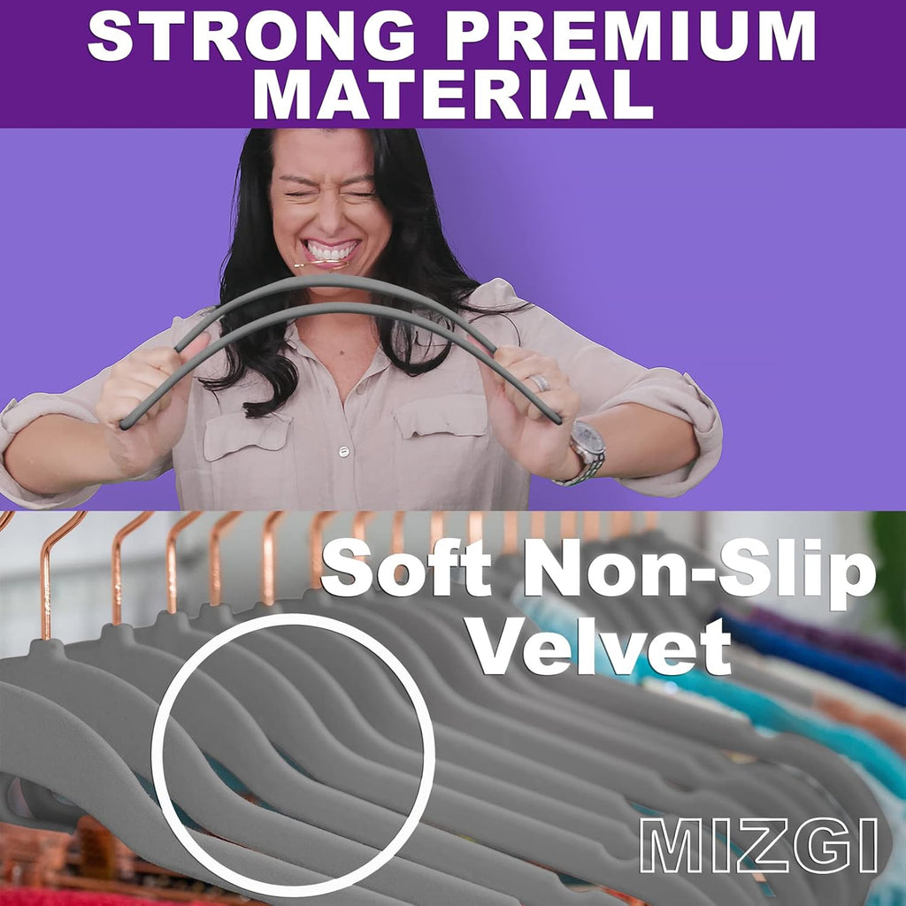 MIZGI Premium Velvet Hangers (50 Pack) Heavy Duty Non Slip Felt Hangers Gray,Rose Gold 360 Degree Swivel Hooks,Space Saving Clothes Hanger,Durable Strong Hanger for Suits,Coats,Pants & Dress