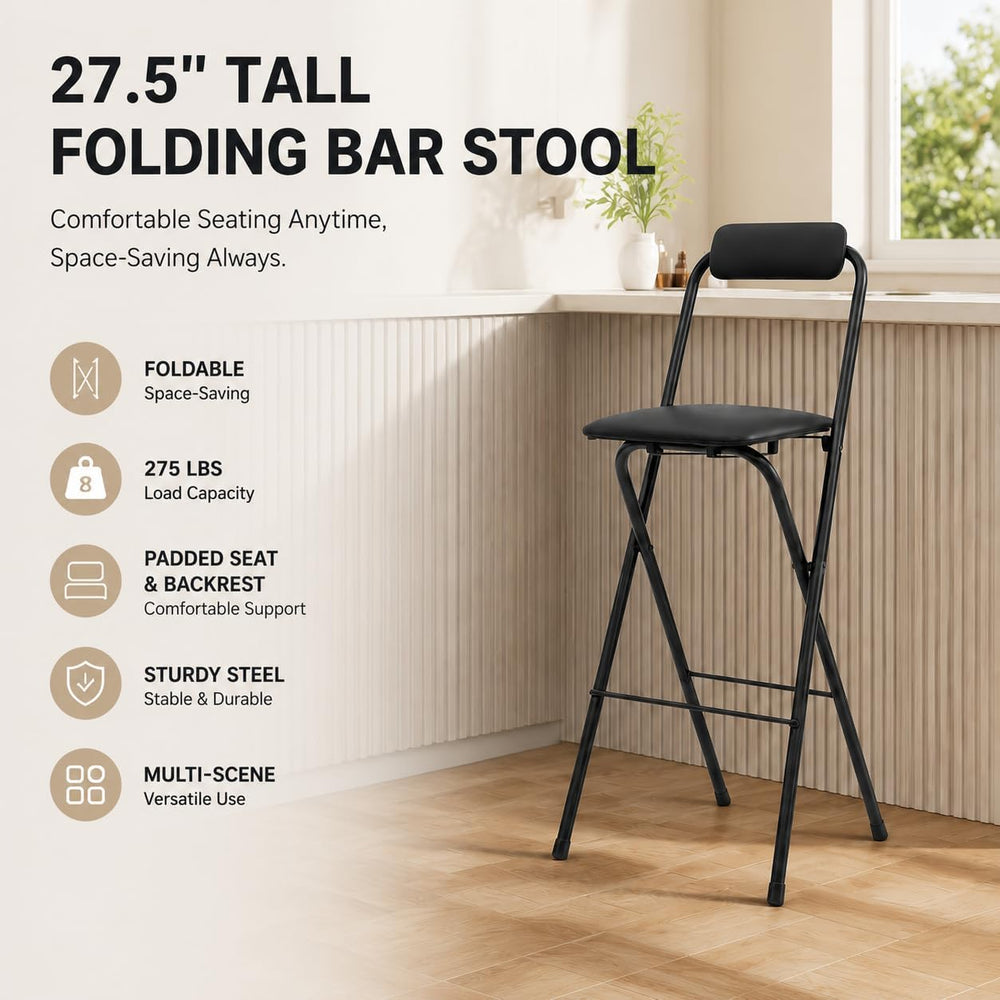 27.5'' Tall Folding Bar Stool, Cushioned Padded Folding Stool with Ba...