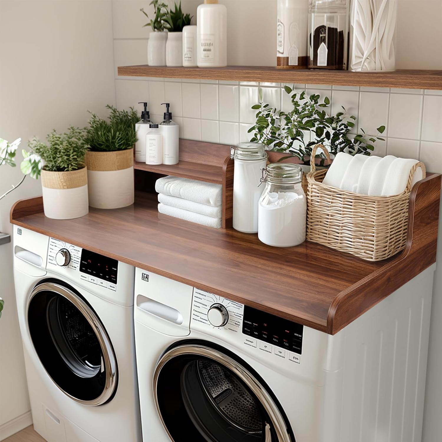 Kaboon Washer Dryer Countertop 2 Tier 58 inches Wide, Laundry Shelf Topper with Edge, 58" W x 28" D x 12" H Laundry Space Organizer, Dark Walnut