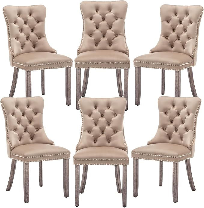 Velvet Dining Chairs Set of 6,Upholstered Dining Chairs with Ring Pull Trim and Button Back,Modern Seating for Kitchen, Bedroom,Living Room,Dining Room(Khaki)