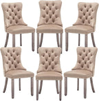 Velvet Dining Chairs Set of 6,Upholstered Dining Chairs with Ring Pull Trim and Button Back,Modern Seating for Kitchen, Bedroom,Living Room,Dining Room(Khaki)