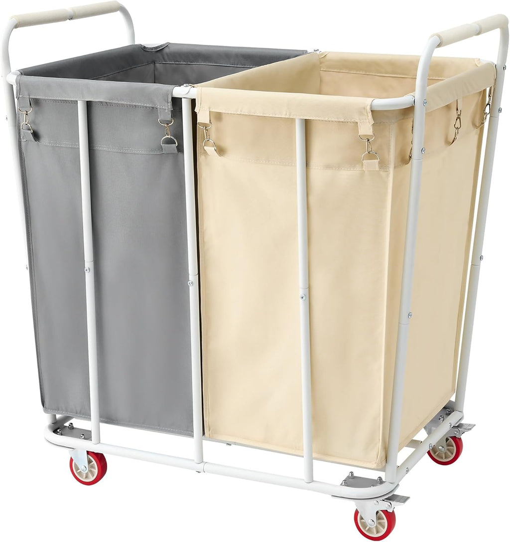 Hoctieon 2 Section Laundry Sorter Cart, 400L Rolling Hamper with Wheels, Industrial Laundry Basket Organizer, Extra Large Dirty Clothes Hamper for Home & Hotel, Heavy Duty, Gray+Beige