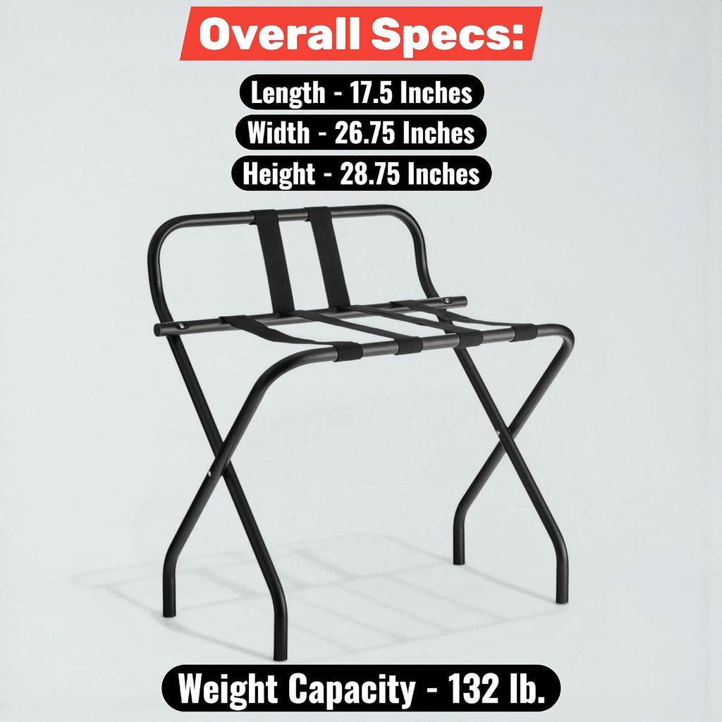 Folding Luggage Rack, Heavy-Duty Metal Frame, Foldable Suitcase Stand for Hotel Guest Room, Travel Bag Holder, Space-Saving Design (Chrome, With Back / Guard)