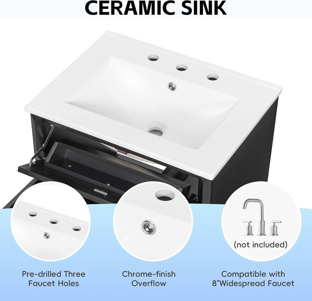 JIVOIT 24 Inch Bathroom Vanity with Ceramic Sink Top, Solid Wood & MDF Va...