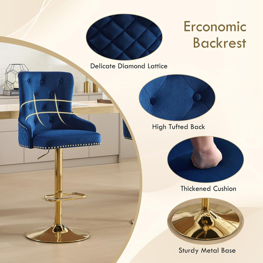 Gold Barstools Set of 4,Velvet Swivel Bar Height Stools with Lion Pull Ring,U...