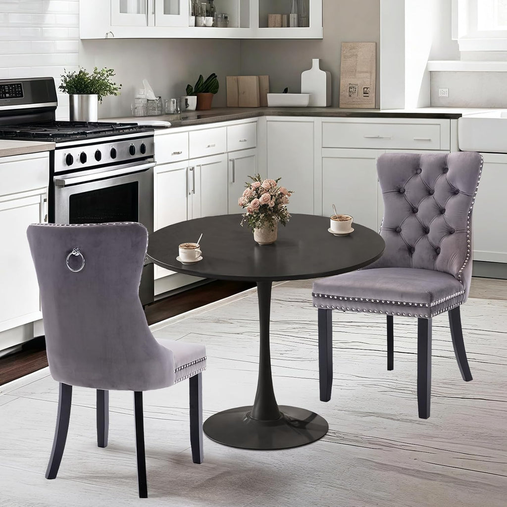 24" Small Round Kitchen Table Set for 2 with Velvet Upholstered Chairs | 3-piece compact dining set with round table, soft upholstered chairs, space-saving design for apartments