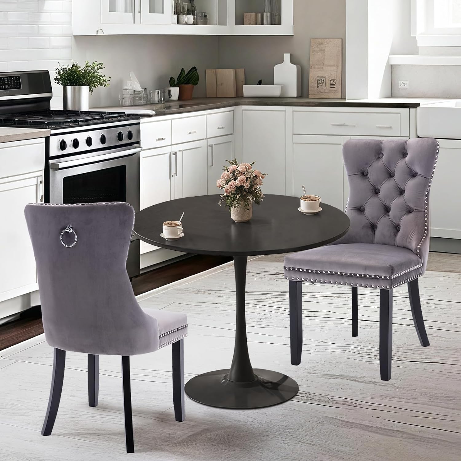 24" Small Round Kitchen Table Set for 2 with Velvet Upholstered Chairs | 3-piece compact dining set with round table, soft upholstered chairs, space-saving design for apartments