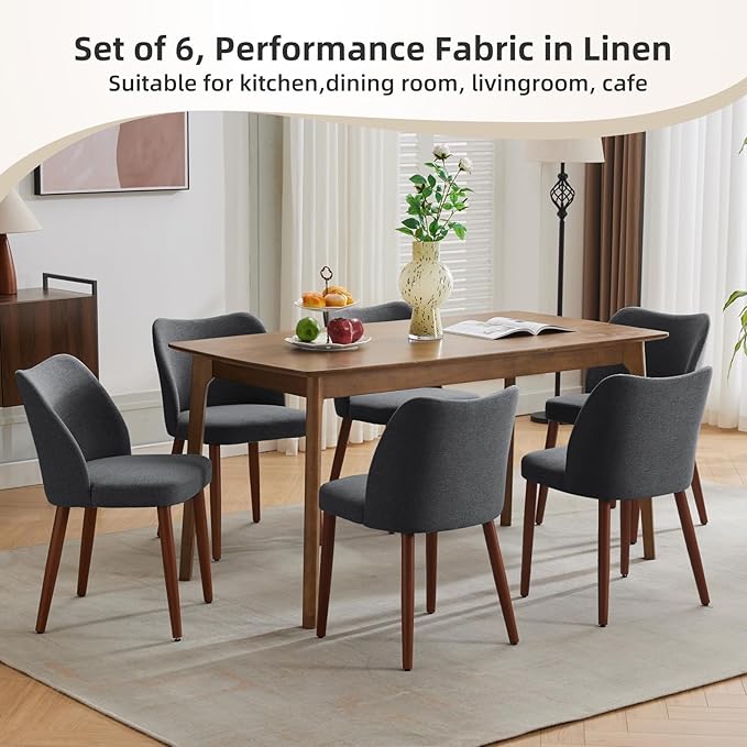 Dining Chair Set of 2, Linen Upholstered Dining Chair with Wood Legs, Wing Ba...