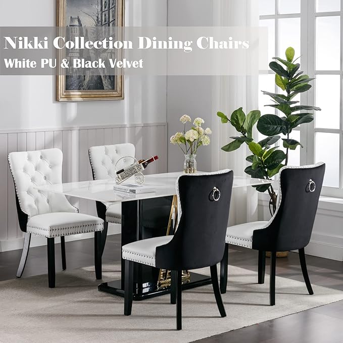 Dining Room Chairs Set of 4, Upholstered Dining Chairs with Back Ring Pull Trim and Solid Wood Legs, Modern Tufted Kitchen Chairs for Dining Room, White Pu Leather Splicing Black Velvet