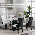 Dining Chairs Set of 6, Upholstered Dining Room Chairs with Back Ring Pull Trim and Solid Wood Legs, Modern Tufted Kitchen Chairs Perfect for Dining Room, White Pu Leather Splicing Black Velvet