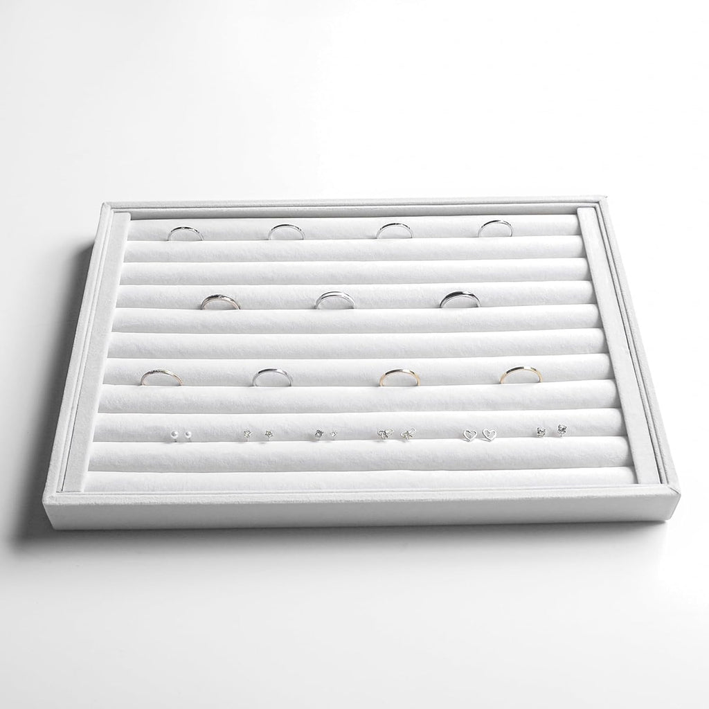 Frebeauty Stackable Velvet Jewelry Organizer Trays for Drawers Inserts Jewelry Storage Tray Display Case, Stud Earrings Bracelets Necklace Rings Accessories Trays for Women(Set of 4)(White)