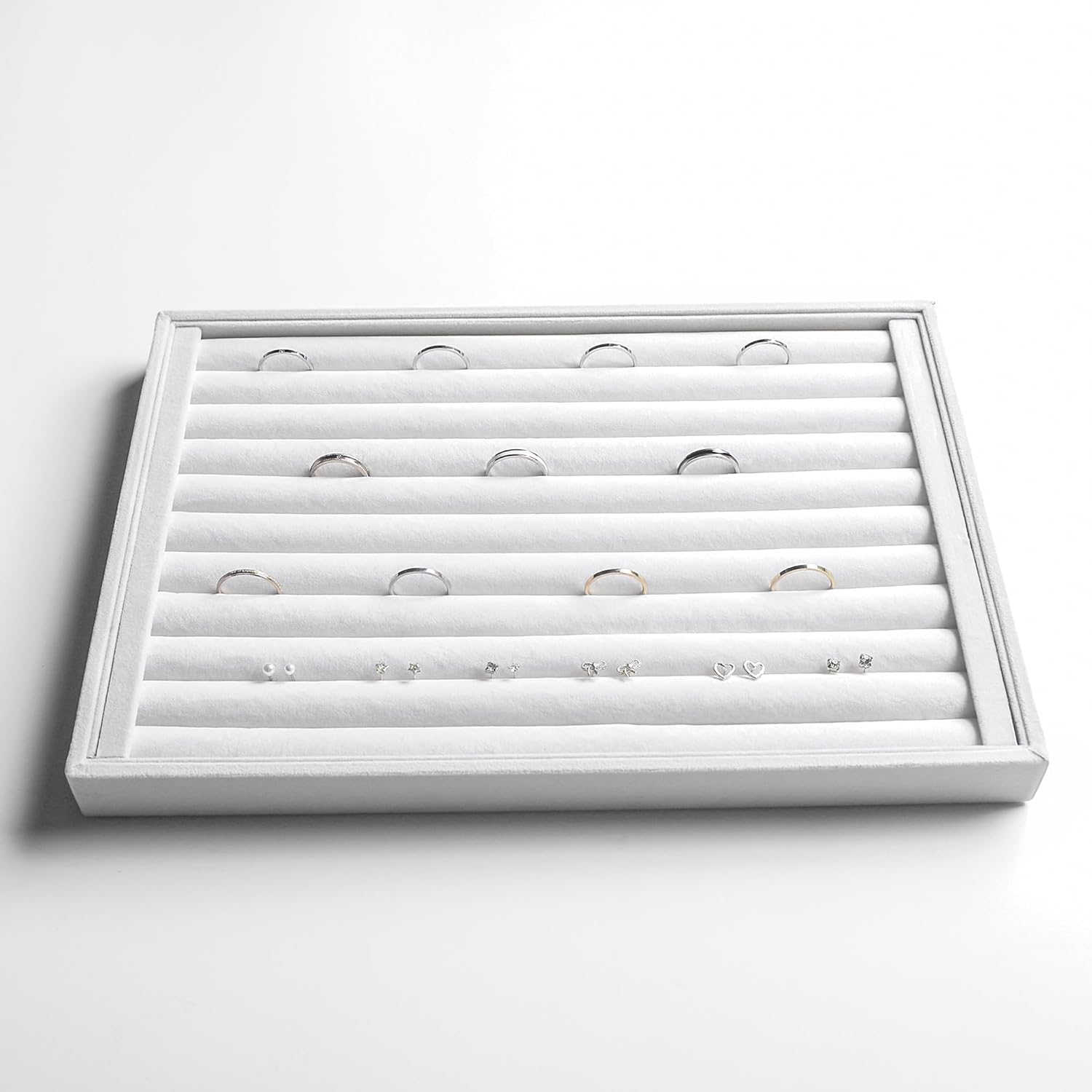 Frebeauty Stackable Velvet Jewelry Organizer Trays for Drawers Inserts Jewelry Storage Tray Display Case, Stud Earrings Bracelets Necklace Rings Accessories Trays for Women(Set of 4)(White)