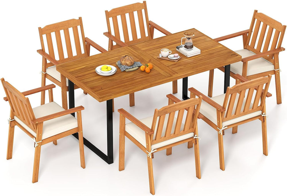 Tangkula 7 Pieces Patio Dining Table Set, 63” Rectangle Acacia Wood Table wit...