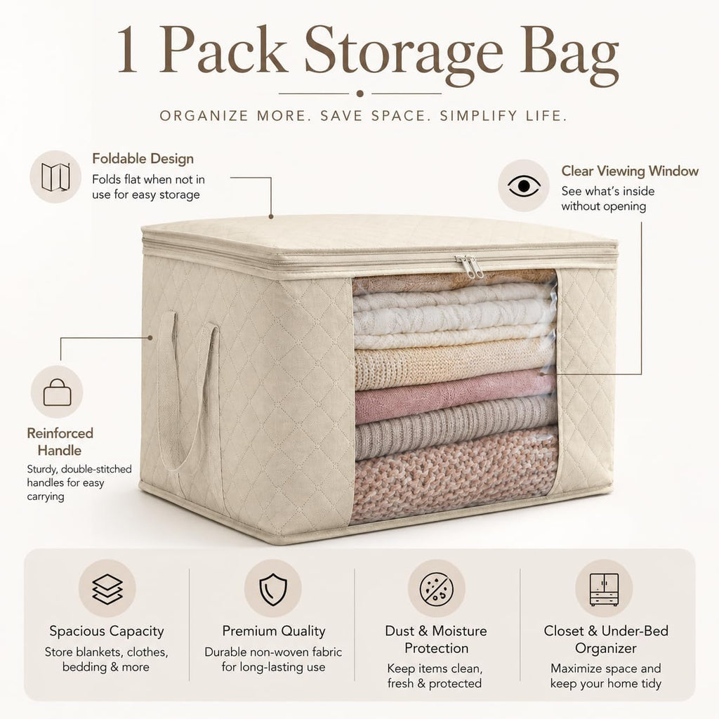Storage Bags,Clothes Blanket Storage Bins Foldable Closet Organizers with Reinforced Handle for Home Dorm Storage and Organization,Fabric Bags for Organizing Sheets,Clothing (Beige,1)