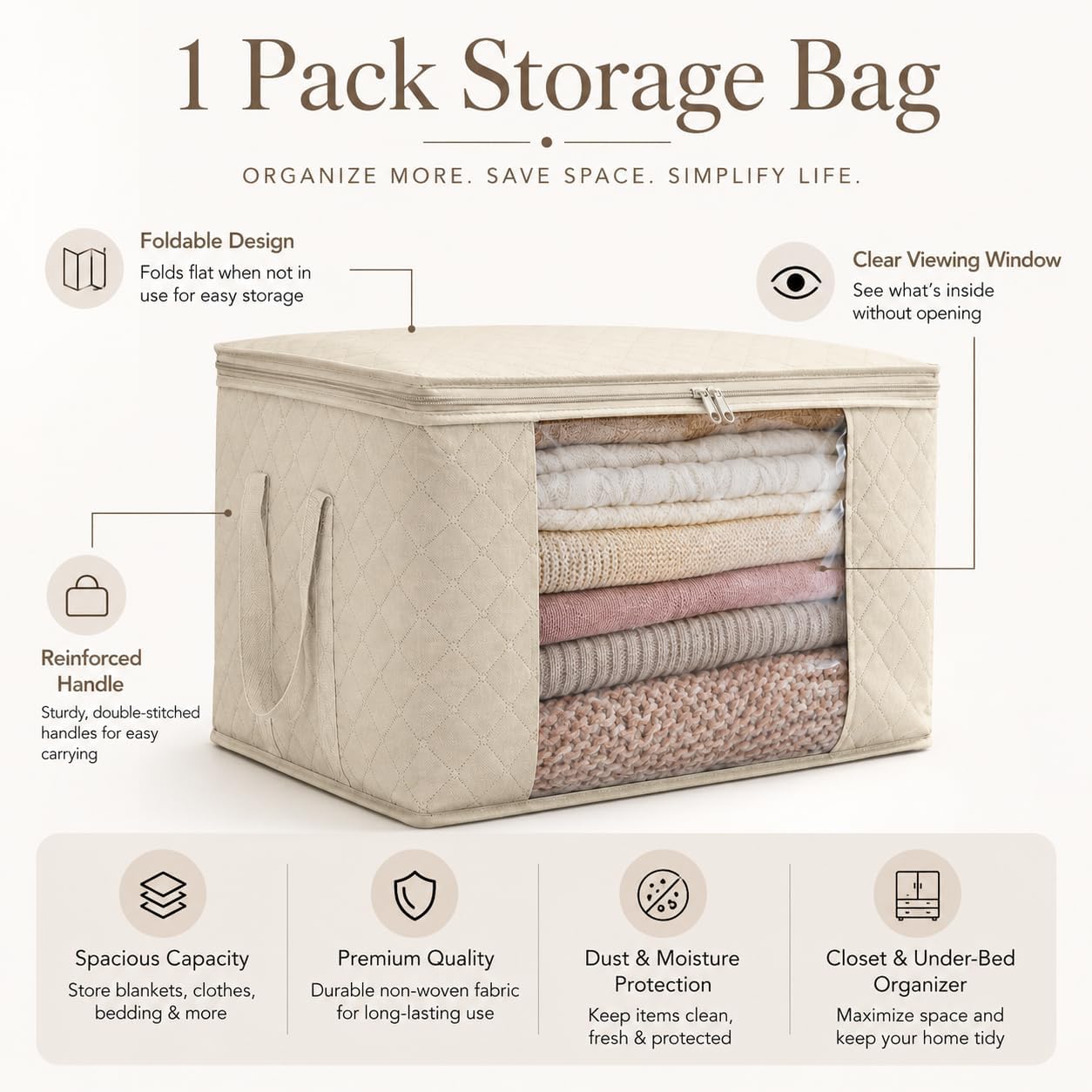 Storage Bags,Clothes Blanket Storage Bins Foldable Closet Organizers with Reinforced Handle for Home Dorm Storage and Organization,Fabric Bags for Organizing Sheets,Clothing (Beige,1)