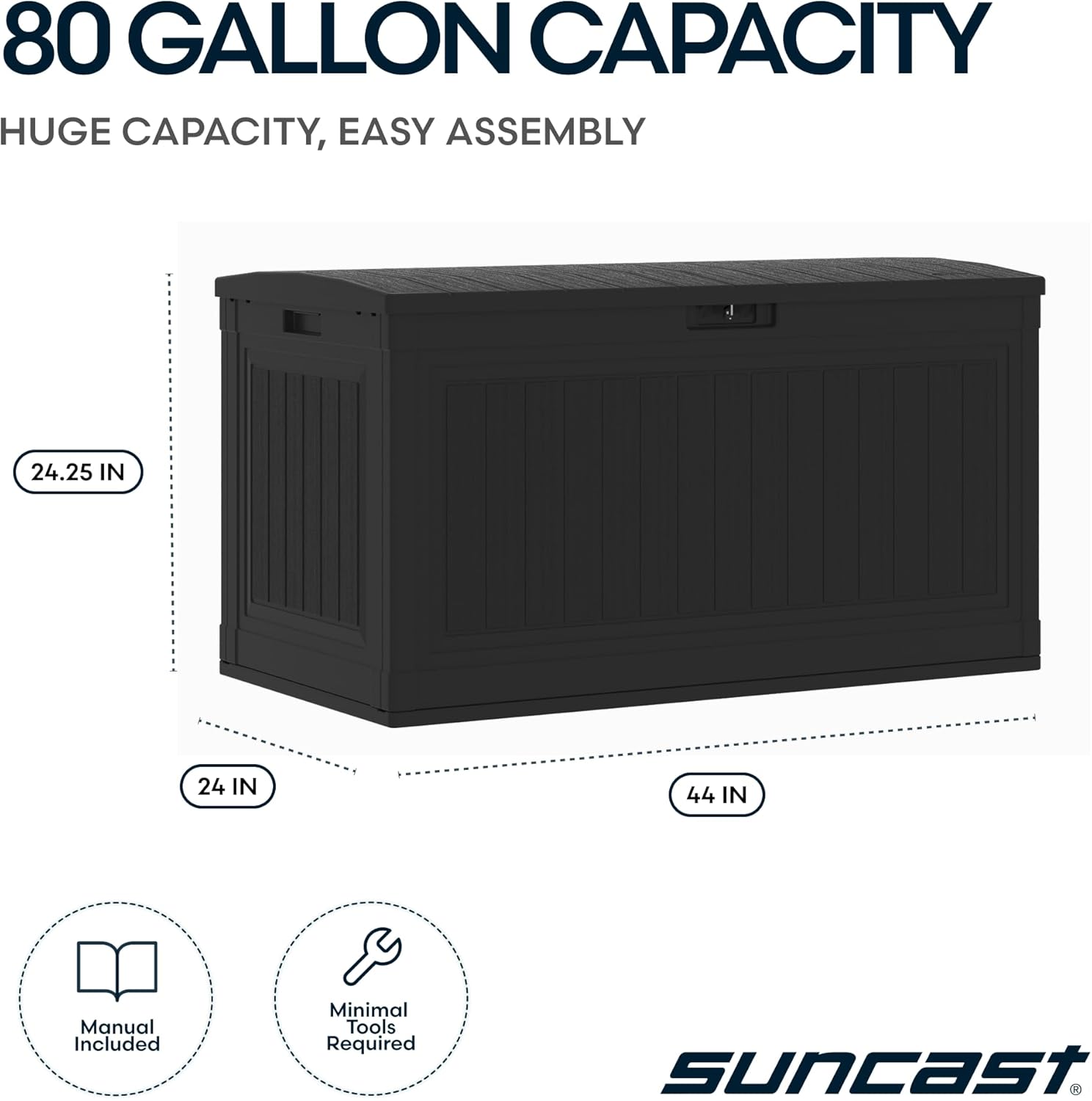 Suncast 80-Gal. Waterproof Resin Large Outdoor Patio Deck Box with Pad-Lockable Lid, Modern Outdoor Patio Bench/Storage Box for Cushions, Garden Tools, and More, Iron Ore