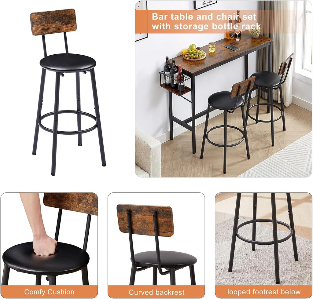 Bar Table Set with Wine Bottle Storage Rack. Rustic Brown,47.24'' L x 15.75'' W x 35.43'' H, One Size