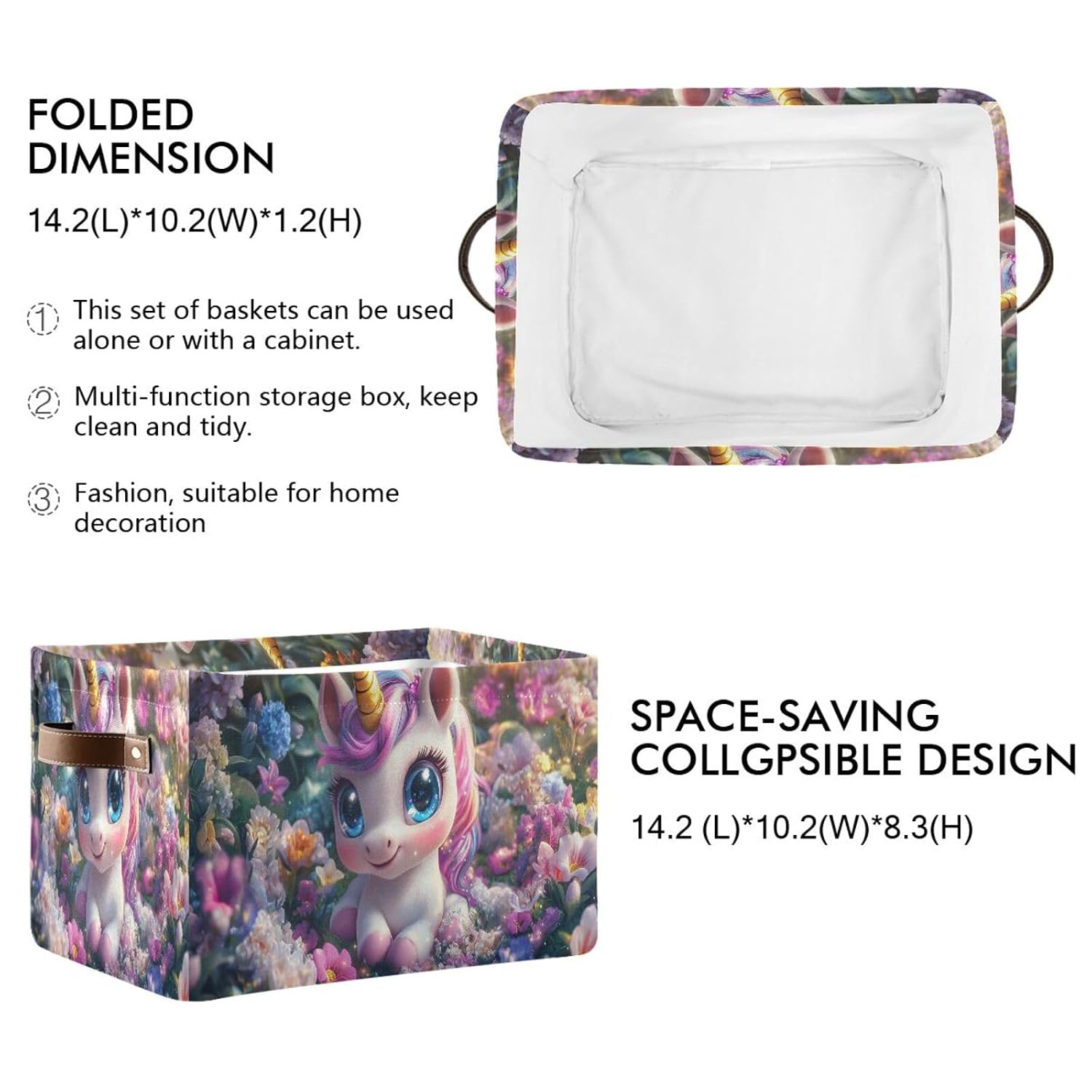 Emelivor Unicorn Flowers Garden Pink Storage Bin Collapsible with Handle Rectangle Waterproof Fall Basket for Storage Cube Closet Organizer for Nursery Office Shelf Book Bathroom