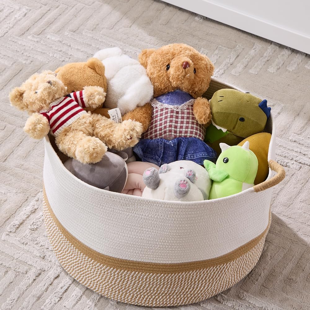 Luxury Little Extra Large Nursery Storage Basket, 20 x 20 x 13.8 inches - 100% Cotton Rope Baskets with Handles, Blanket Basket for Toys, Blankets & Pillows (Gradient Brown)