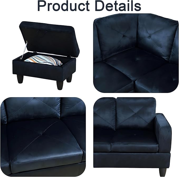 Sectional Couches for Living Room with Movable Chaise & Storage Ottoman - 97.5" Velvet L Shaped Couches for Living Room Apartment, 4 Seat Home Furniture Modular Sectional Sofas, Black Blue