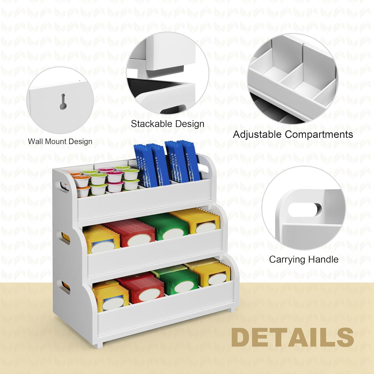 Wisuce Tea Holder for Tea Bags Organizer - White Bamboo Tea Organizer for Tea Bags 3-Tier Stackable Wall Mount Large Capacity Tea Storage Box to Pantry Countertop Kitchen Office
