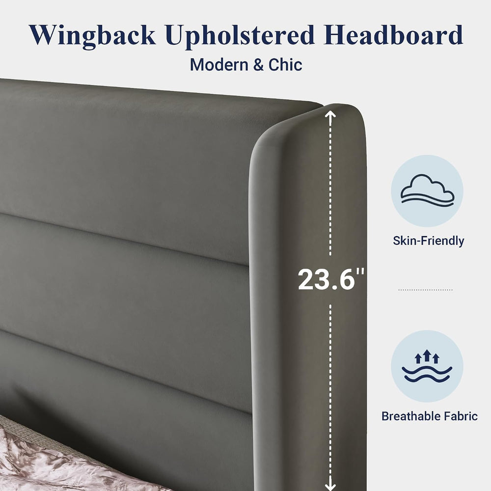 Allewie King Size Platform Bed Frame with Velvet Upholstered Wingback Headboa...