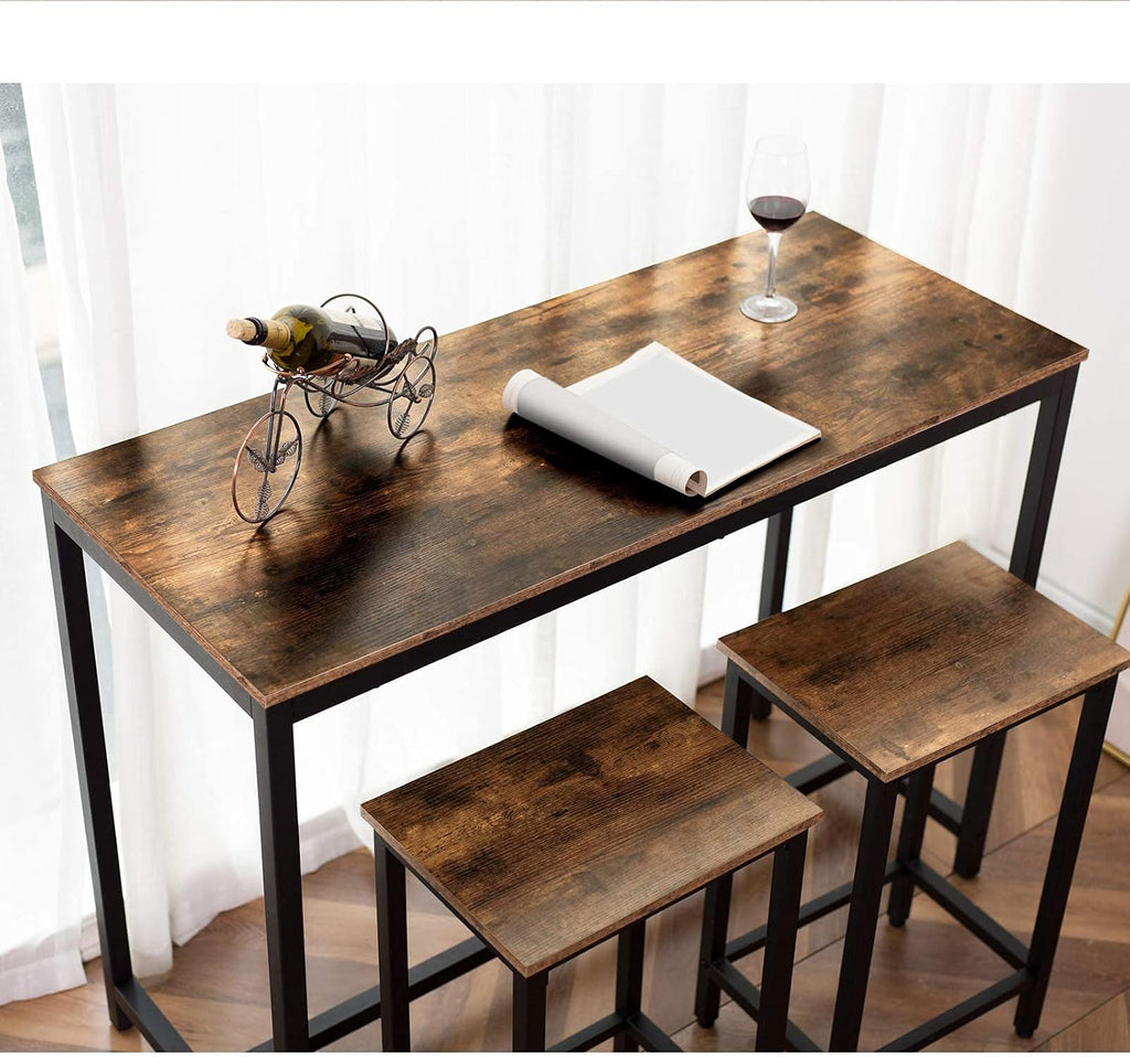 HOOBRO Bar Table and Chairs Set, 47.2” Rectangular Pub Table with 2 Stools for Small Space, 3-Piece Breakfast stools Set, Sturdy Metal Frame, Easy to Assemble, Rustic Brown BF52BT01