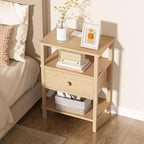 Lerliuo Nightstand with Charging Station and USB Ports, 3-Tier Storage End Table with Drawer Shelf, Night Stand for Small Spaces, Wood Bedside Table for Living Room, Bedroom - Natural Wood