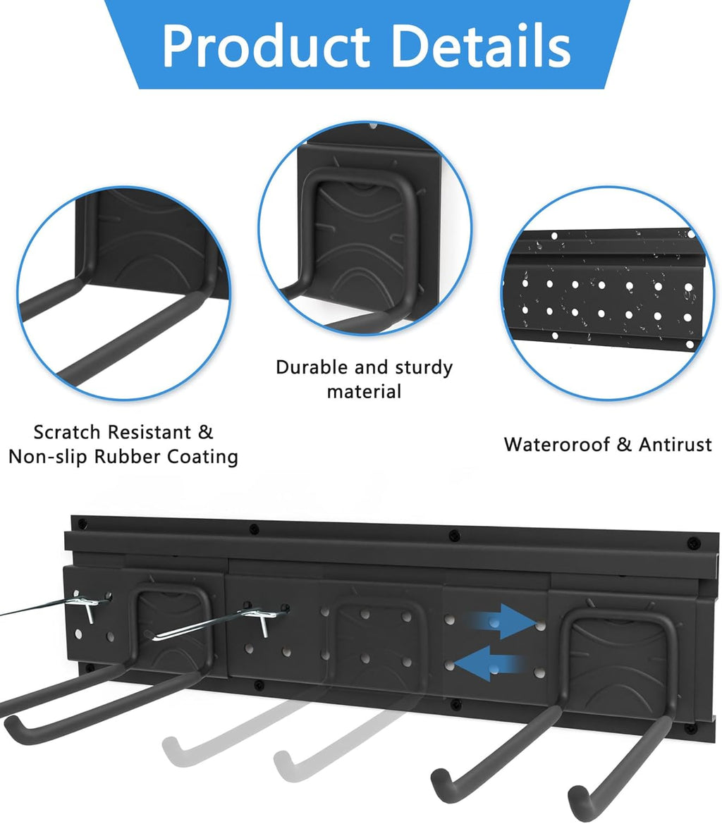 48 Inch Garage Storage Rack, Heavy Duty Wall Mount Organizer with 3 Metal Track Rails and 16 Hooks, Compatible with Pegboard and Slatwall, Black