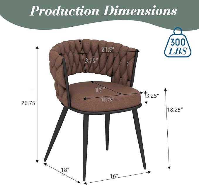 KCC Fabric Dining Chairs Set of 2, Modern Dining Chair with Metal Legs, Woven Upholstered Dining Chairs for Dining Room, Kitchen, Vanity, Living Room (Brown)