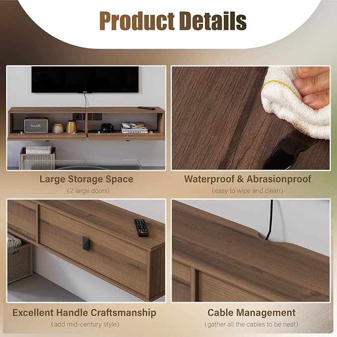 Solid Wood Floating TV Shelf, 55'' Wall Mounted TV Cabinet, Floating Shelves with 2 Doors, Wooden Mid-Century Entertainment Media Console Center Large Storage Under TV (Walnut)