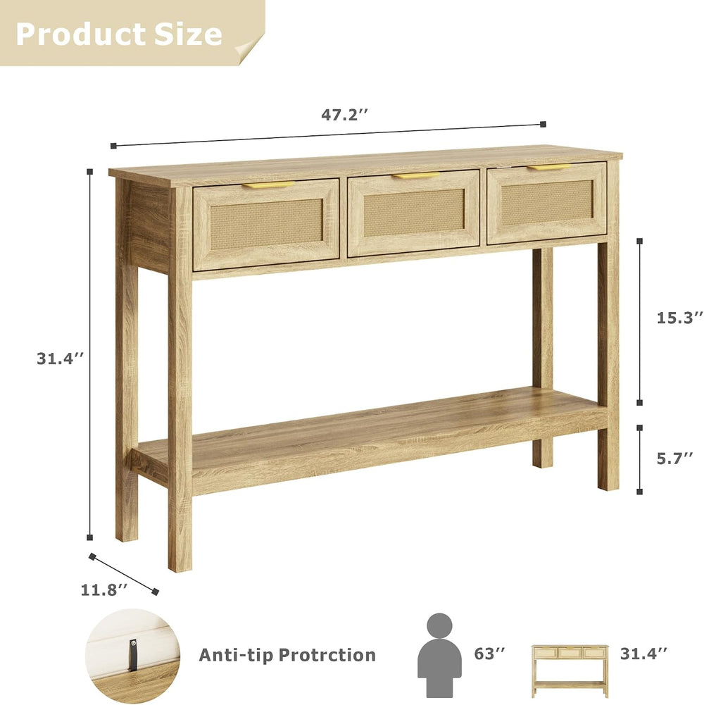 KIGOTY Console Table with Charging Station, Rattan Style Sofa Table Behind Th...