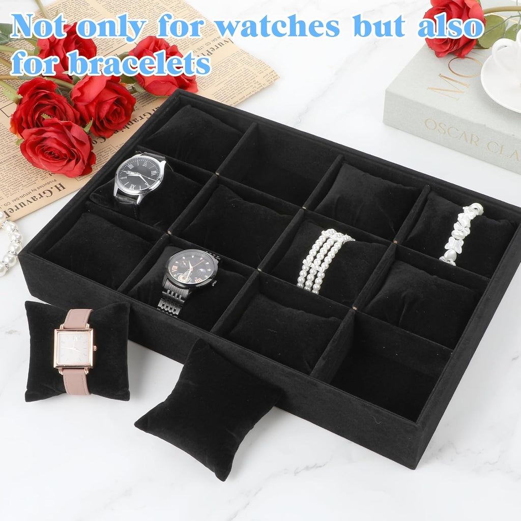 2 PCS Watch Holder Organizer for Men,12 Grid Watches Storage Box with Adjustable Bracelet Pillow, Boxwood Stackable Jewelry Trays, Watch Display for Selling, Women and Men -Black
