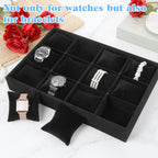 2 PCS Watch Holder Organizer for Men,12 Grid Watches Storage Box with Adjustable Bracelet Pillow, Boxwood Stackable Jewelry Trays, Watch Display for Selling, Women and Men -Black