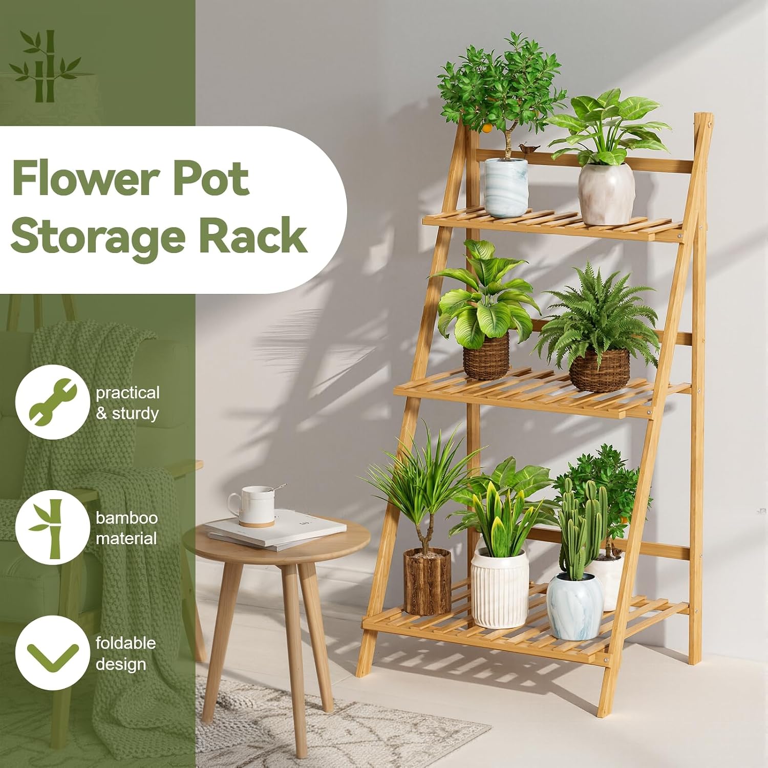 Bamboo Ladder Plant Shelf, 3 Tier Foldable Flower Pot Display Rack, Indoor Outdoor Balcony Decor, Freestanding Plant Organizer for Home Patio Lawn Garden Wooden