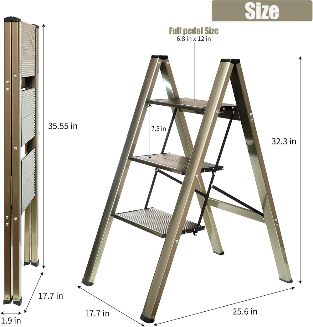 3-Step Aluminum Lightweight Folding Step Stool Ladder with Anti-Slip and Expa...