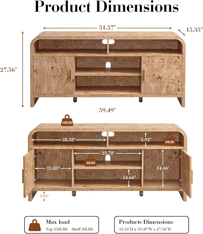 TV Stand for TVs Up to 65'' - [Unique Curved Profile, FSC-Certified Wooden Board] Entertainment Center with Adjustable Shelves and Storage Cabinet Modern Media Console for Living Room